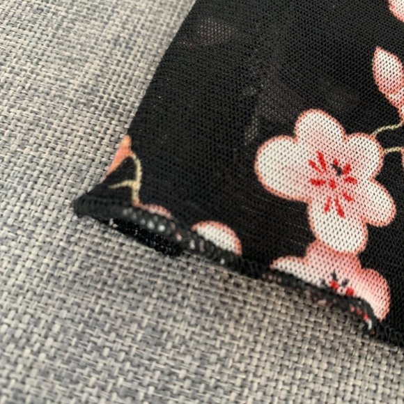 Jessica Max Floral Black Blouse Long Sleeve Mesh Material Tie on the side Neck - Picture 7 of 13